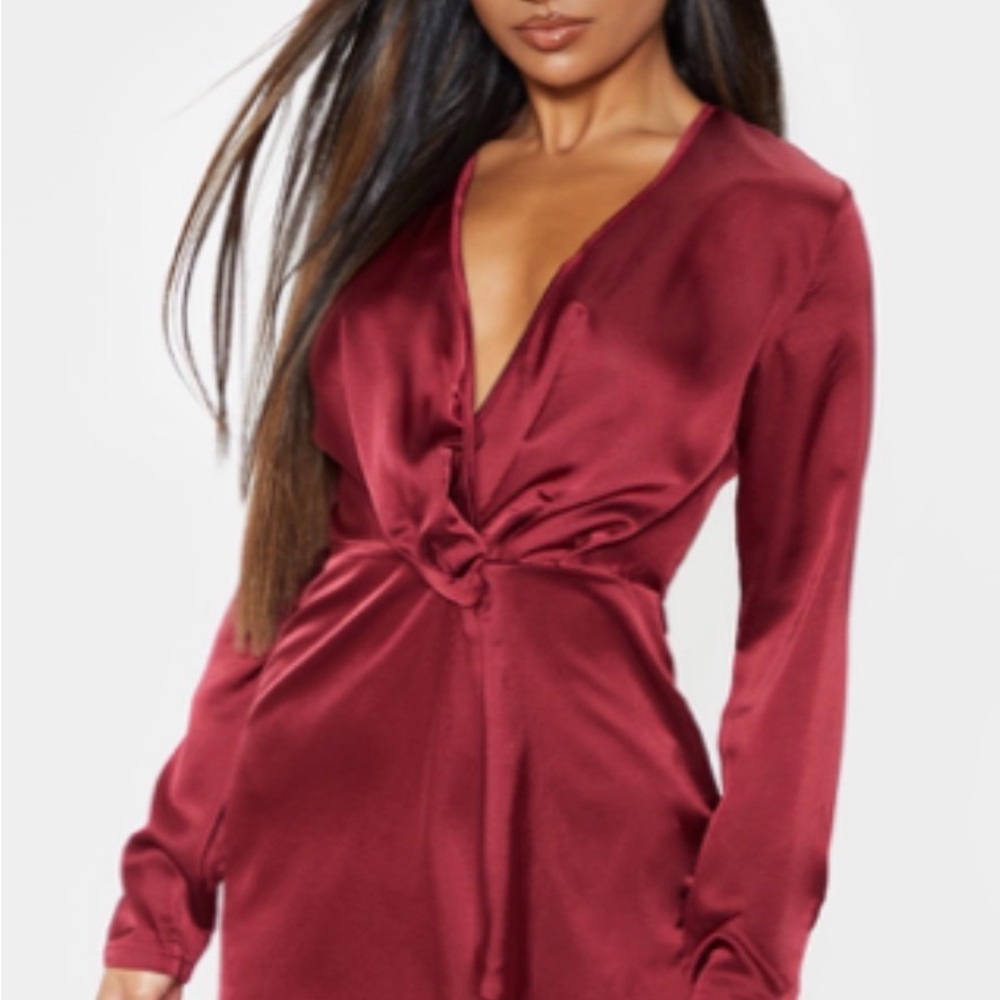 PrettyLittleThing Burgundy Satin Long Sleeve Wrap Dress